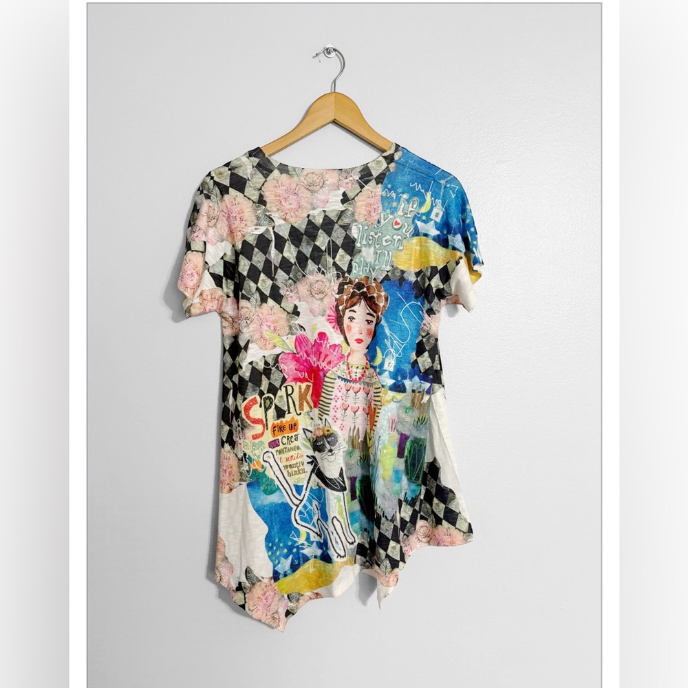 Pink and Green Asymmetrical Graphic Short Sleeve Tee - Picture 3 of 3